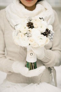 Beautiful Brides Dress, Sweater, gloves and Bouquet 